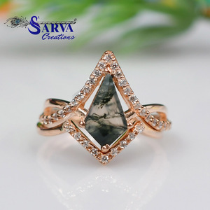 Women's Vintage Gold Plated <b>Ring</b> with Zirconia Natural <b>Moss</b> <b>Agate</b> Oval Cut Pave Setting Luxury Geometric Wedding Design - Product Image 3