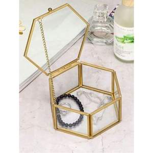 Boîte à bijoux vintage en verre hexagonal doré, boîte à terrarium, support pour bague de fiançailles ou de mariage, emballage cadeau personnalisé avec logo pour bijoux préservés - Product Image 2
