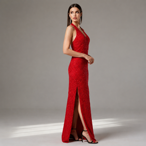 Luxury Red <b>Sequin</b> Halter Neck Evening Gown for Women Sleeveless Formal Party Dress High Slit Prom Wedding Guest Maxi Outfit - Product Image 2