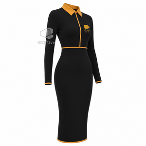 NCBW Women's <b>Black</b> <b>Bodycon</b> Midi <b>Dress</b> With Contrast Golden Polo Collar Quarter Zip <b>Long</b> <b>Sleeve</b> Fitted Casual <b>Dress</b> - Product Image 2