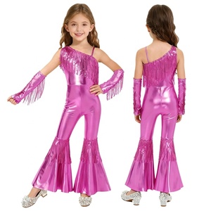 Costume de danse jazz disco pour filles de 6 à 16 ans, combinaison évasée à taille haute avec gants pour banquets, concours et spectacles - Product Image 2