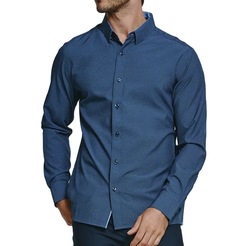 Camisa de vestido formal masculina algodão tecido manga completa formal dos homens camisas de vestido de negócios para homens personalizado azul tingido padrão impresso