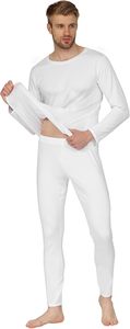 <b>Men's</b> White Cotton Long Sleeve Crew Neck <b>Thermal</b> Underwear Set Full Length Solid Color Casual Breathable Regular Fit Spring Wear - Product Image 2