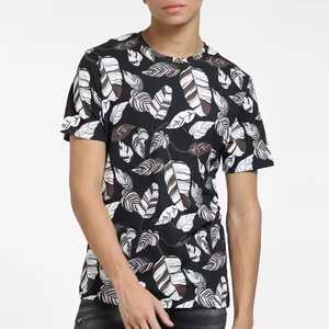 Camiseta Casual de Manga Corta con Cuello Redondo y Estampado de Hojas Blancas y Negras para Hombre, Corte Regular, Tejido de Punto de Algodón, Nueva Moda - Product Image 1
