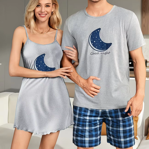 Men's/Women's Plus Size Couple Style Short Sleeve Plaid Shorts Set Printed Camisole 100% Cotton Soft Eco-Friendly Home Sleepwear - Product Image 1