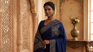 Châle long en laine pour femme avec franges et broderie florale bleu marine, respirant et coupe-vent, léger pour l'hiver et l'usage quotidien - Product Image 3