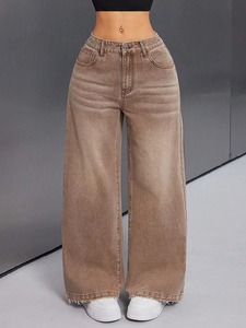 High Waist Wide Leg Sand Washed Denim Jeans Cotton Casual Solid Color Loose Fit Autumn Style <b>Pants</b> - Product Image 2