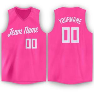 Camiseta de Baloncesto Personalizada con Cuello en V Rosa y Blanca, Nombre del Equipo y Número Cosidos, Sublimación Impresa, Tela de Malla Deportiva - Product Image 1