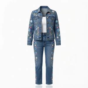 Women Blue Denim Jacket and <b>Jeans</b> Set Two Piece Casual Summer Y2K Straight Leg - Product Image 3