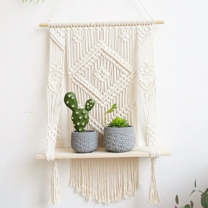 Simple Unique Macrame Wall Hanging Cotton Rope with <b>Pine</b> Wooden <b>Shelf</b> Bohemian Handmade Decorative Wall Hanging for Home Décor - Product Image 3