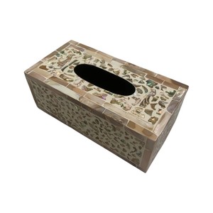 Caja de pañuelos rectangular de alta gama con incrustaciones de nácar y madera hecha a mano para decoración del hogar - Product Image 4