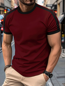 T-shirt noir à manches courtes pour homme avec bordure blanche, coupe classique, col rond, imprimé décontracté, tricoté 200g, en polyester vierge - Product Image 3