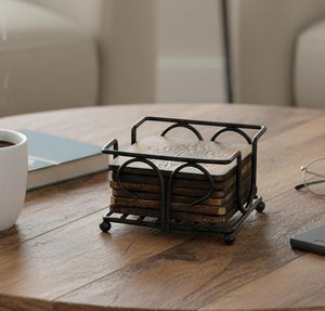 Wooden Square <b>Tea</b> <b>Coasters</b> with Iron Stand Holder Wooden Drink <b>Coasters</b> for Dining Table Whiskey Glass Rustic Beverag - Product Image 4