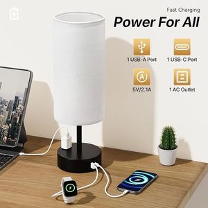 Lampada da Tavolo in Lino Dimmerabile a 3 Livelli con Porte di Ricarica USB A+C, Piccola Lampada da Comodino con Controllo Touch e Presa AC - Product Image 2