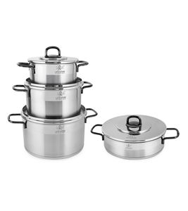 Ensemble de casseroles de luxe en acier inoxydable 18/10, 8 pièces, avec couvercles en acier inoxydable, poignées en acier noir et base compatible induction - Product Image 1