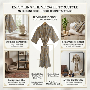 Robe kimono en coton imprimé à la main pour femme, col en V, manches longues, longueur longue, 2 poches avant, cordon de serrage, vêtements de nuit durables - Product Image 4