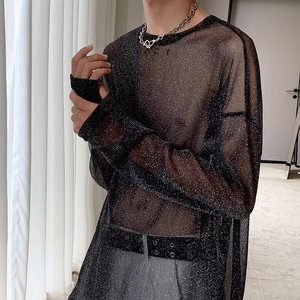 T-shirt ample en maille transparente à motif personnalisé pour homme, coupe carrée, manches longues, col ras du cou, style streetwear transparent pour les soirées et les fêtes - Product Image 6