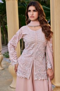 Ensemble de vêtements pour femme en faux georgette lourd avec broderie et travail de sequins de 3 mm, comprenant un haut, un palazzo et un dupatta, entièrement cousu, ZW 145 - Product Image 5