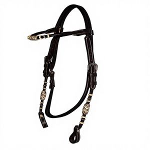 Cabezada para caballo estilo western, ajustable, trenzada a mano, de cuero genuino, con frenteera recta de cuero crudo, color marrón, 91 - Product Image 1