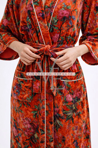 Exquisite Red Floral Velvet Kimono Robe Luxury Handcrafted Bohemian Long <b>Dressing</b> <b>Gown</b> Elegant <b>Summer</b> Casual Breathable - Product Image 4