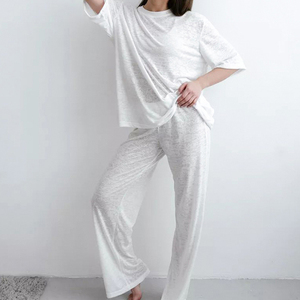 Women Solid Color Casual <b>Tracksuit</b> Set Loose Fit Crew Neck Short Sleeve Top With Elastic Waist Pants Side Pockets Spring Wear - Product Image 2