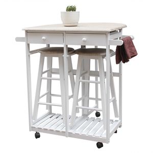 Carrello da Cucina Moderno in Rovere Bianco con Sgabelli Rotondi Regolabili, Carrello da Pranzo Pieghevole Semicircolare con Manico in Legno - Product Image 1