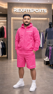 Ensemble de survêtement rose à capuche pour homme REXFITSPORTS, manches longues, fermeture éclair, short léger en polyester, vêtements de sport décontractés pour l'été - Product Image 6