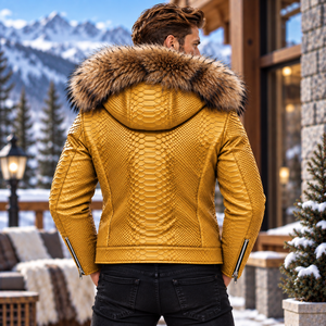 Men's Python Leather Jacket with Real Detachable <b>Fox</b> <b>Fur</b> Hood | Herren Lederjacke | Chaqueta Hombre de Cuero Python - Product Image 6