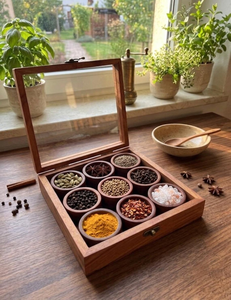 Boîte à épices en bois artisanale avec couvercle, 9 compartiments, Masala Dabba, plateau de service pour fruits secs, organisateur de rangement de cuisine écologique - Product Image 1