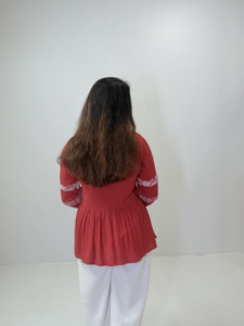 <b>Red</b> Viscose Embroidered Organza Peplum Top for Women V-neck Tassel Casual Ethnic Boho Summer <b>Blouse</b> Wholesale Wear - Product Image 3