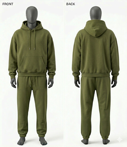 Unisex Olive Green Hooded <b>Tracksuit</b> Set Full Length Cotton Casual Wear Solid Color Drawstring Closure Regular Fit Autumn Style - Product Image 1