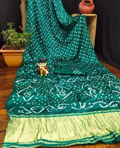 ผ้าส่าหรีแบบดั้งเดิม Lagdi Pallu Bandhani ย้อมสีด้วยมือ พร้อมผ้าพาลลูสีสันสดใส ชุดพื้นเมืองอินเดีย - Product Image 3