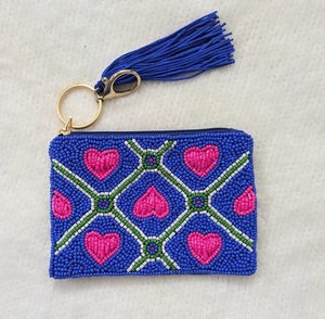 Handmade Cotton Beaded Square Coin <b>Purse</b> Blue <b>Pink</b> Heart Pattern Embroidered Zipper Pouch Tassel Travel Fashion Accessory Jaunty - Product Image 3