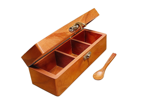 Boîte à épices en bois artisanale à 3 compartiments avec couvercle en verre, organisateur de masala avec une cuillère en bois, récipient de rangement pour la cuisine - Product Image 3