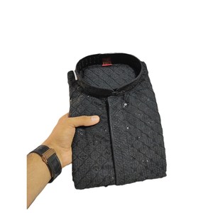 DISEÑADOR RAYON CHIKANKARI BORDADO TRABAJO LISTO PARA LLEVAR HOMBRE KURTA CON PIJAMA NEGRO Achkan Bandhgala Sherwani - Product Image 1