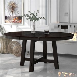 Espresso Farmhouse Round Extendable Dining Table with 16\" Leaf Wood Kitchen Table - Product Image 1