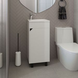 Mobile bagno autoportante Bethel con lavabo in resina, un'anta e due ripiani, bianco - Product Image 1