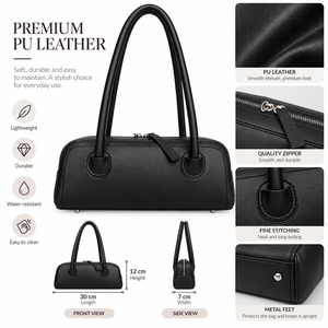 Vintage Black Bowler Shoulder Bag Two-<b>Handle</b> Waterproof Pebbled PU Leather <b>Handbag</b> Ruched Zipper Purse for Outdoor Travel Daily - Product Image 5