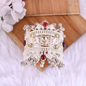 Garnet Hydro & <b>Red</b> Hydro Kundan Ethnic Cuff <b>Bracelet</b> | Silver Plated Brass Jewelry - Product Image 2