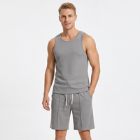Men Ribbed Tank Top and Shorts Set Solid Gray Casual Summer Two Piece Outfit Pleated Drawstring Shorts Wear made in Bangladesh