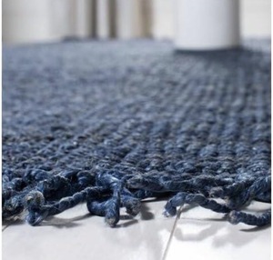 Handwoven Solid Color Blue Jute <b>Rug</b> with Fringe Low Pile Eco-Friendly <b>Thin</b> Home Use - Product Image 4