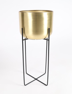 Modern Gold Metal Planter with <b>Tall</b> Black <b>Stand</b> Minimalist Cylindrical Flower Pot Holder for Indoor <b>Plants</b> Living Room Office - Product Image 1