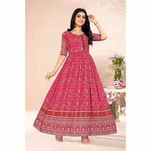 DESIGNER MUSLINE IMPRESSION NUMÉRIQUE TRAVAIL ANARKAI ROBE ROSE - Product Image 1