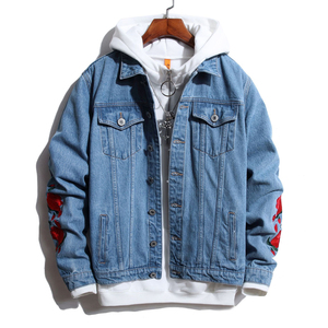 Men's Denim <b>Jacket</b> Hooded Casual <b>Light</b> Blue Floral Embroidery Cotton Washed Turn-down Collar Regular Fit Autumn Style - Product Image 1