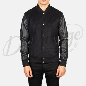 Chaqueta Varsity Negra de Lana para Hombre, Mangas de Cuero Genuino, Cierre de Botones a Presión, Puños Acanalados, Chaqueta Casual Premium de Dos Tonos - Product Image 2