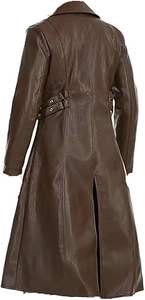 Manteau long en cuir noir pour homme avec fourrure, style trench-coat, boutonné, idéal pour l'hiver - Product Image 3