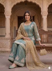 Green Heavy Fendy Silk <b>Women's</b> Graduation Ensemble Modern Style Regular Fit <b>Kurta</b> with Dupatta-Quick Dry Fabric - Product Image 3