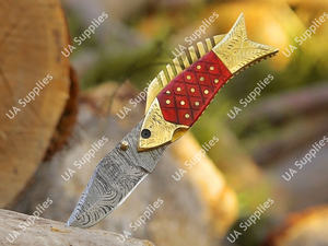 มีดพับเหล็กดามัสกัสทำมือ ปลายหยดน้ำ สำหรับตกปลา พกพาสะดวก ใช้เอาตัวรอดกลางแจ้ง EDC รองรับ OEM/ODM ด้ามทองเหลืองสลักลายด้วยมือ DIY - Product Image 2