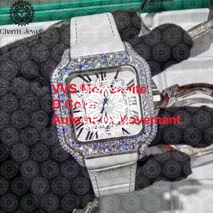 Reloj Mecánico de Lujo Charm_Jewells con Moissanita, Caja Cuadrada, Correa de Cuero Azul, 43mm, Movimiento Analógico Automático para Mujer - Product Image 1