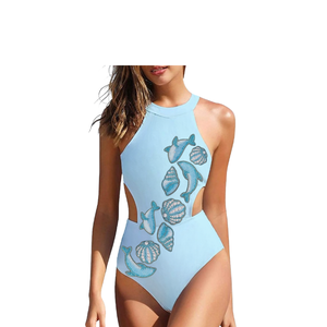 Hot Sale Light Blue One Piece Swimwear With Sequined Fish And Shell Print Bodysuit Breathable Bodycon Mini Sleeveless Cotton <b>Set</b> - Product Image 1
